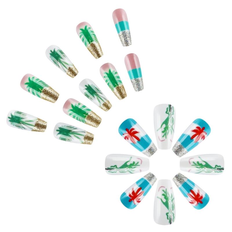24 Pcs Summer Artificial Nail Long Ballerinas Full Cover False Nail Glittering Stick on Nail Coconut Tree Press On Nail