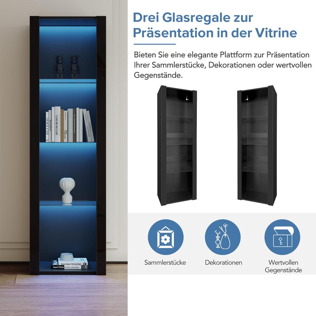 Display Cabinet Highboard 3 Glass Shelves, Modern Glass Display Cabinet, Black High Gloss Front, Free-Standing Display Cabinets, Living Room Office Kitchen, Open Storage, 55x38x166cm