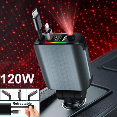 4-in-1 Neues verbessertes einziehbares Autoladegerät mit Sternenlicht, 66W USB C Schnellladeadapter für das Auto mit 2 USB-Anschlüssen Autotelefonladegerät