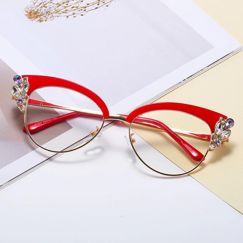 Fashion Blue Light Blocking Eyeglasses Women Retro Cat Eye Diamond Optical Frame Men Reading Eyeglasses Clear Lens Spectale Eyeglasses