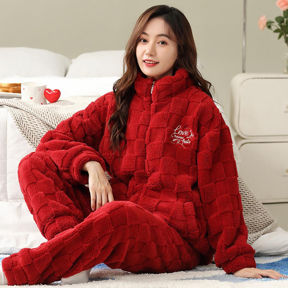 Plus Size Women's Pajamas Set Jacquard Winter Extra Thick Double Sided Flannel Warm Pajamas Smooth Zipper Pajamas Women's Pajamas