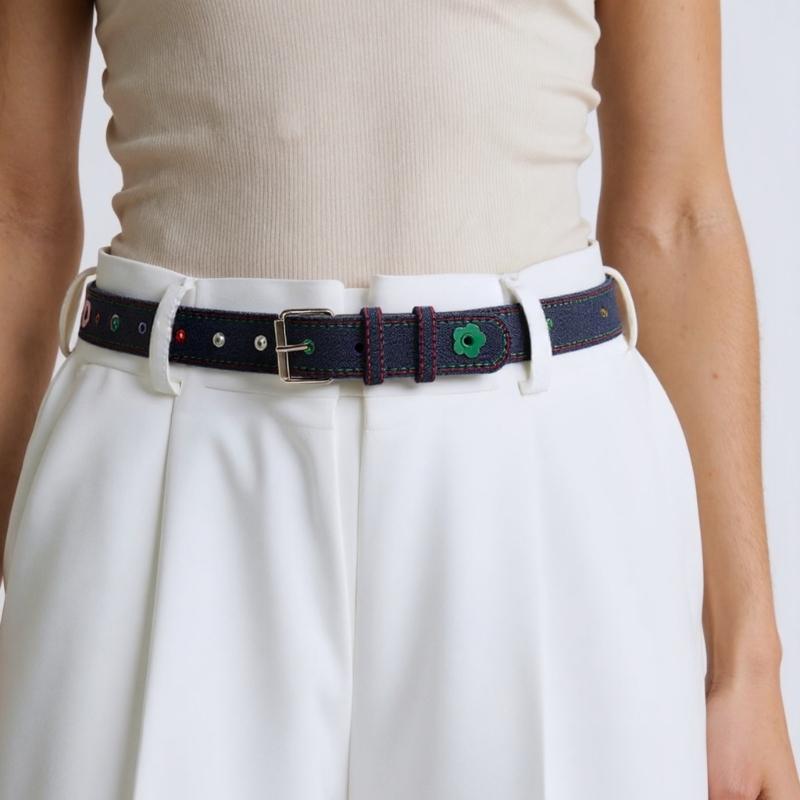 Trendy Flower Rivets Waist Belt with Candy Color Eyelet Adjustable Waist Band For Casual Outfit Party Waist Decoration
