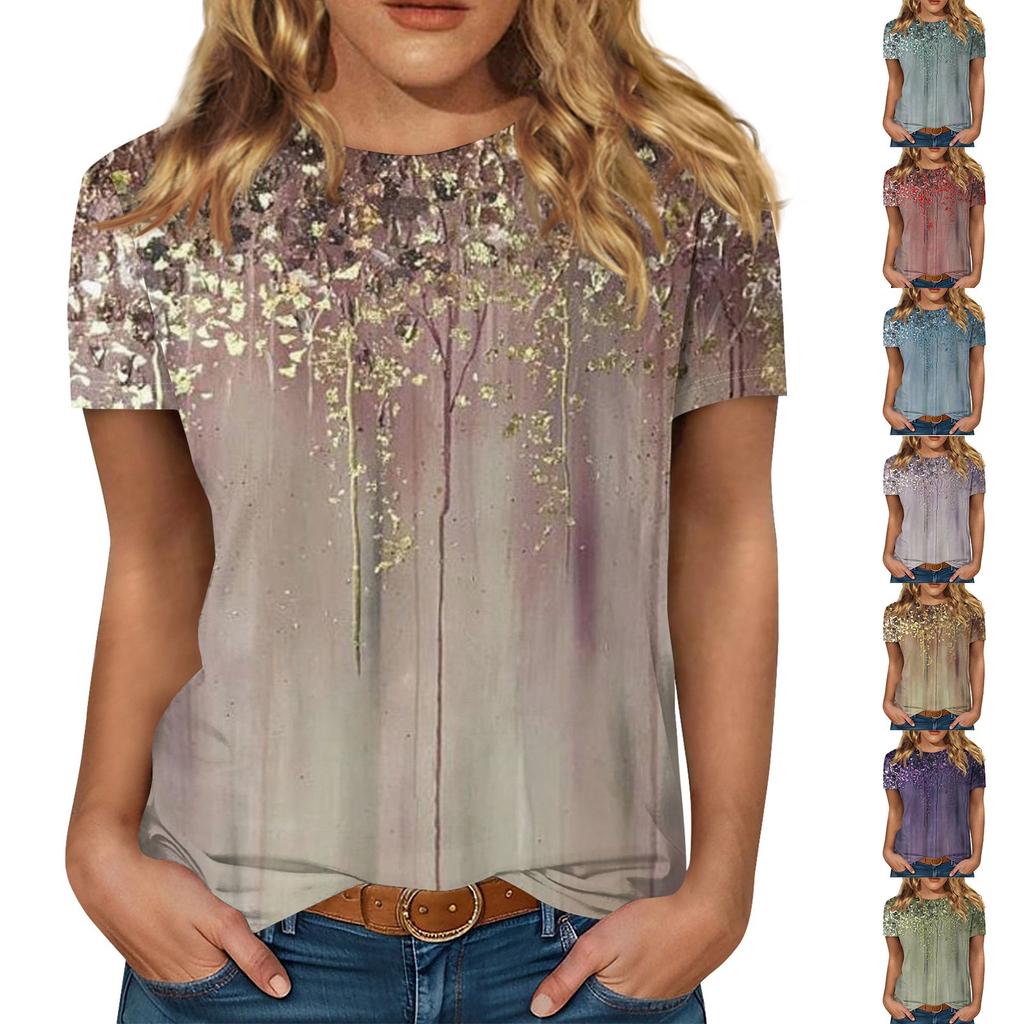 Women's Loose Fashion Short Sleeve Round Neck Vintage Gradient Printed Top