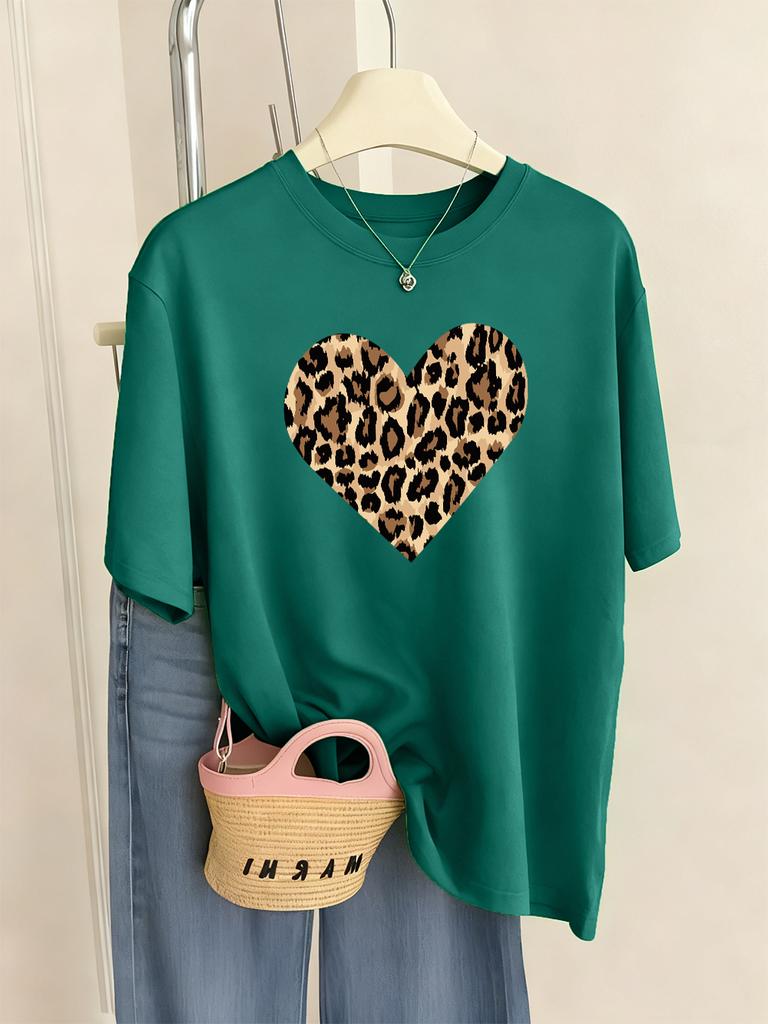 Leopard Heart Shape Printing TShirt Womens Basics Comfortable T Shirts Loose ONeck Short Sleeve Tops Summer Soft Woman Clothes
