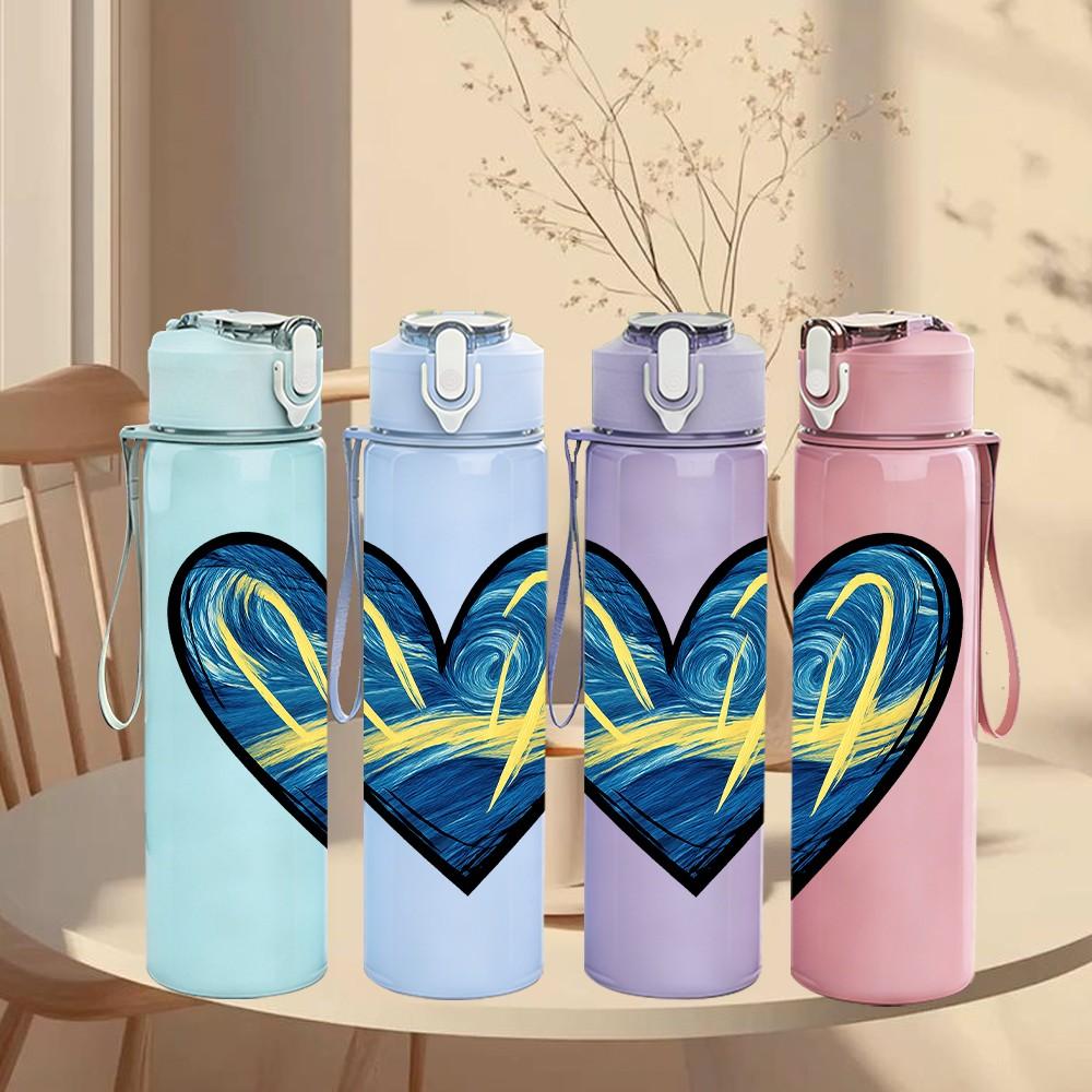 1PC Blue Wave Heart Line Art 750ml Color Plastic Sports Water Bottle Leakproof Flip Straw Lid Suitable for Sports Office Home Use