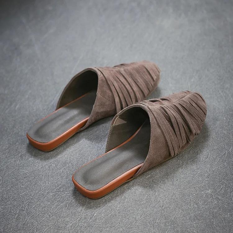 Johnature Tassel Fashion Flat Slippers Cow Suede Lightweight Comfortable And Versatile Women's Slip-on Shoes