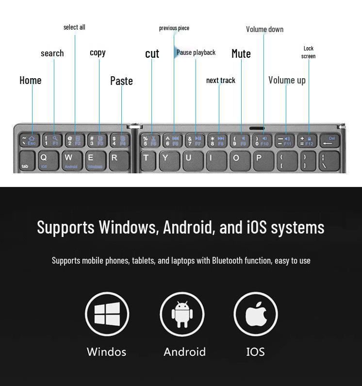 Tragbare dreifach faltbare Bluetooth-Tastatur für Mobiltelefon, Tablet & Laptop