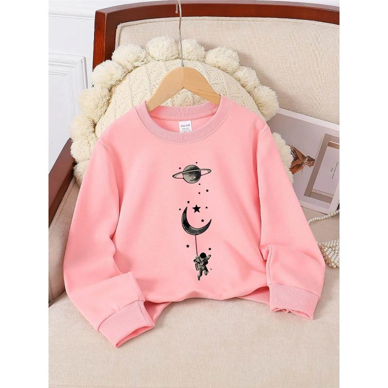 European sizes Crewneck Sweatshirt for Kids Featuring an Astronaut Floating Among The Moon And Stars. Perfect for Sports And Casual Outings