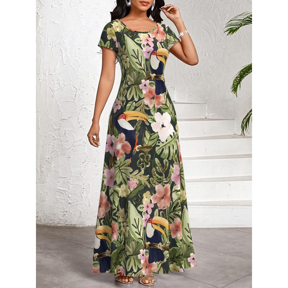 

European and American vacation style women s printed round-neck loose dress 6XL