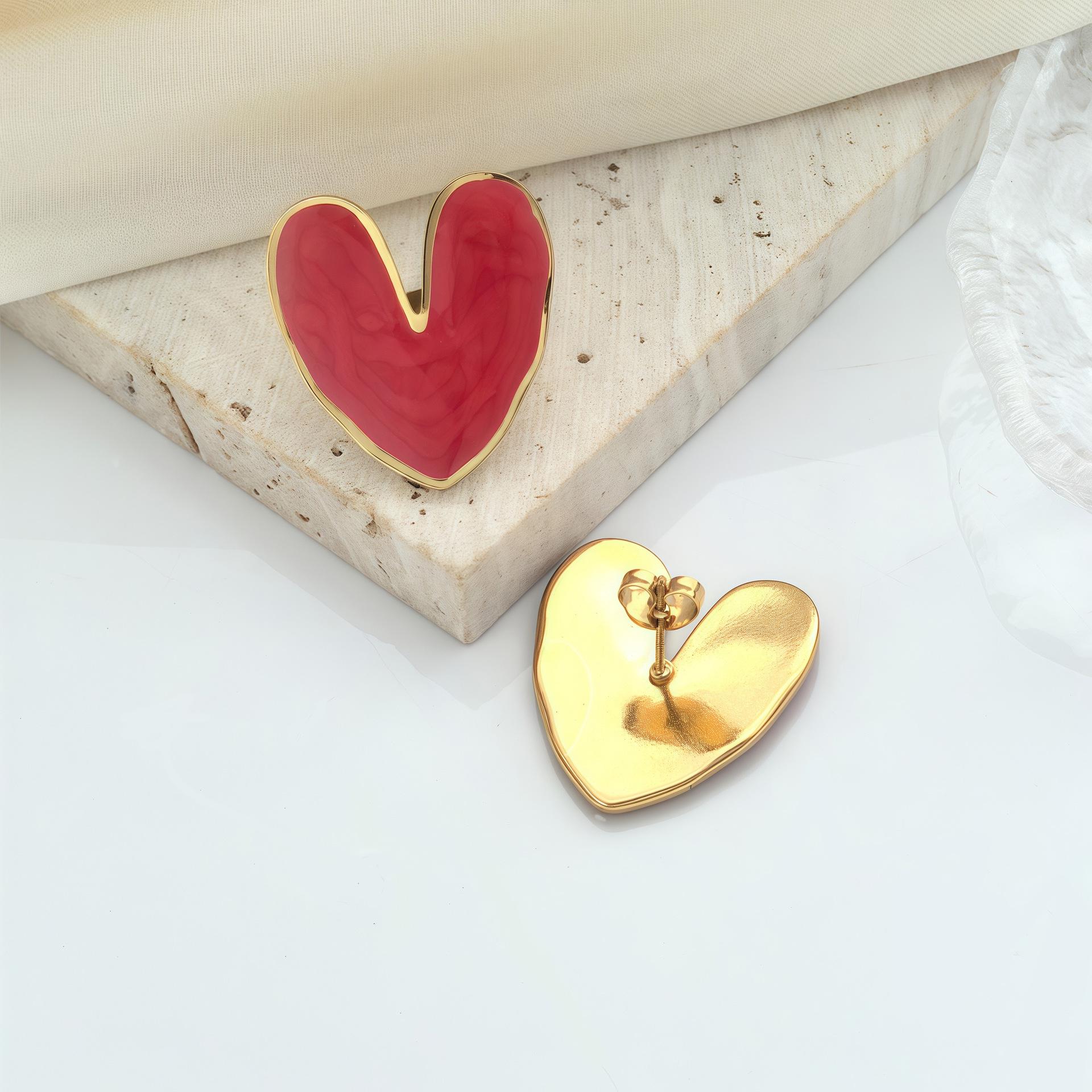 Heart-Shaped Cross-Border Oil Painting Drop Earrings - Luxury Stainless Steel Cartilage and Stud Style for Women красный