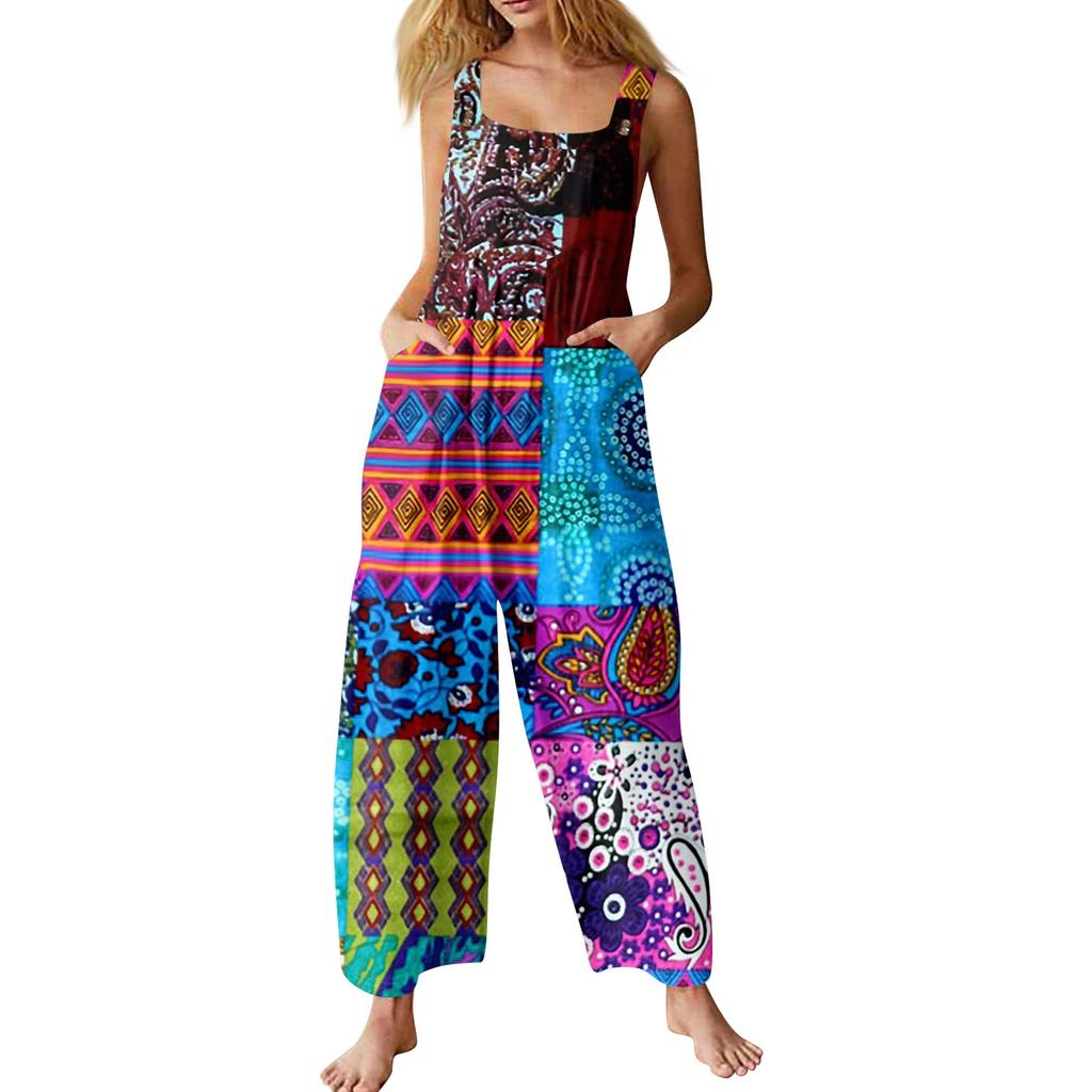 Women's Casual Straight Jumpsuit Sleeveless Bohemian Printed Jumpsuit
