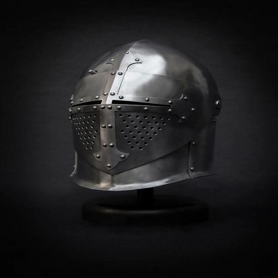Sugarloaf Helmet with Stand 14th Century Crusader Knight Armor Medieval Visored Helmet with Steel Cross LARP SCA Reenactment Gift