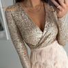Partykleid für Damen mit glitzernden Pailletten, langen Ärmeln, tiefem V-Ausschnitt, Korsett-Minikleid, Herbst/Winter, Cocktail-Galakleid für Party, Abschlussball, Nachtclub