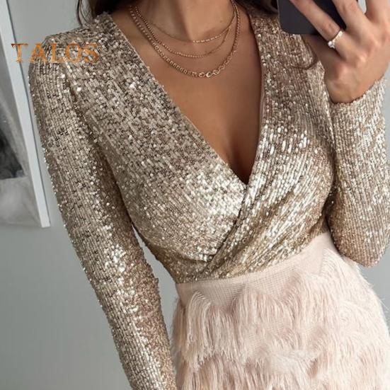 Partykleid für Damen mit glitzernden Pailletten, langen Ärmeln, tiefem V-Ausschnitt, Korsett-Minikleid, Herbst/Winter, Cocktail-Galakleid für Party, Abschlussball, Nachtclub