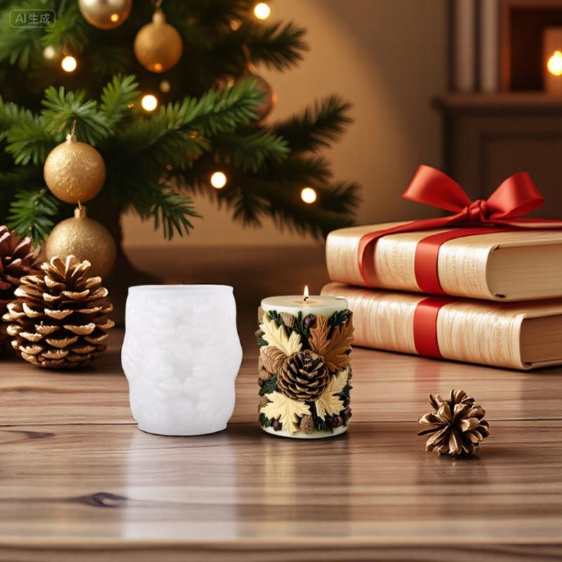Pinecone Embossed Cylinder Silicone Candle Mould Food Grade Silicone For Making Candle Soap Chocolate Holiday Decoration