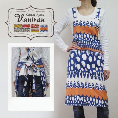 Fabrizm Japanese-made Knee-Length Kitchen Apron with Back Cross, Vanilla Pattern, Blue and Orange, 1185-bl-bl
