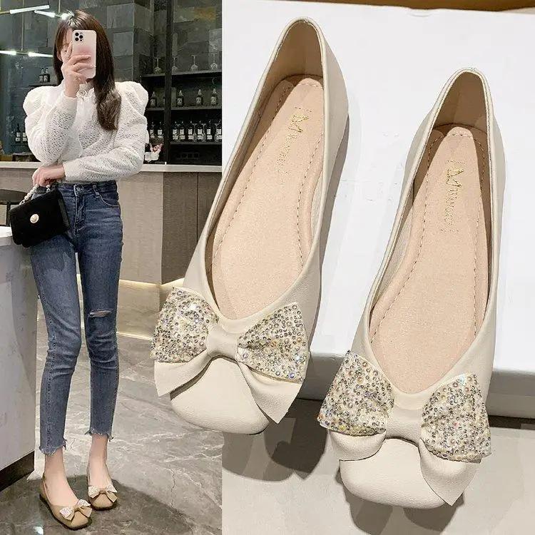 Fashion Low Heel Elegant Kawaii Woman Flats Square Toe Cute Shoes for Women with Bow Vintage Casual Clothing Trend 2025 Chic Stylish Y2k