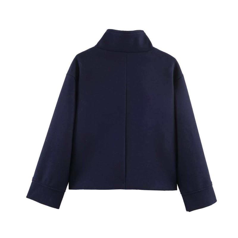Womens Wool Blend Short Coat With Button Detail Stand Collar Slim Fit Winter Office Wear