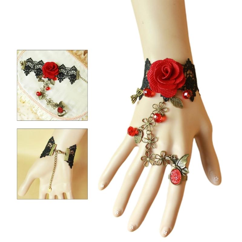 Rose Black Lace Hand Chain Ring Bracelet Chain Crystal Bead Finger Bracelet Sweet Hand Jewelry for Women and Girls Gifts