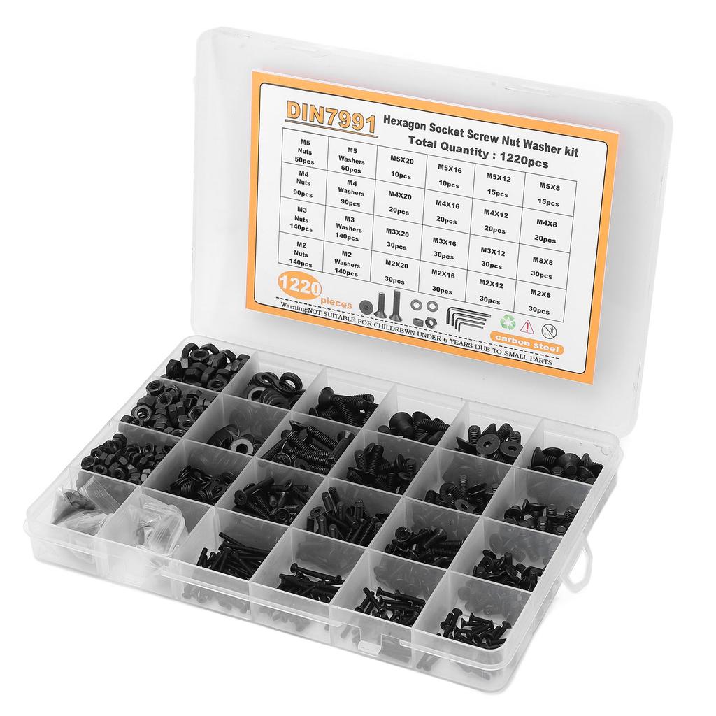 1220Pcs Screw Nut Washer Assortment M2 M3 M4 M5 Flat Head Hex Socket Carbon Steel Fastener