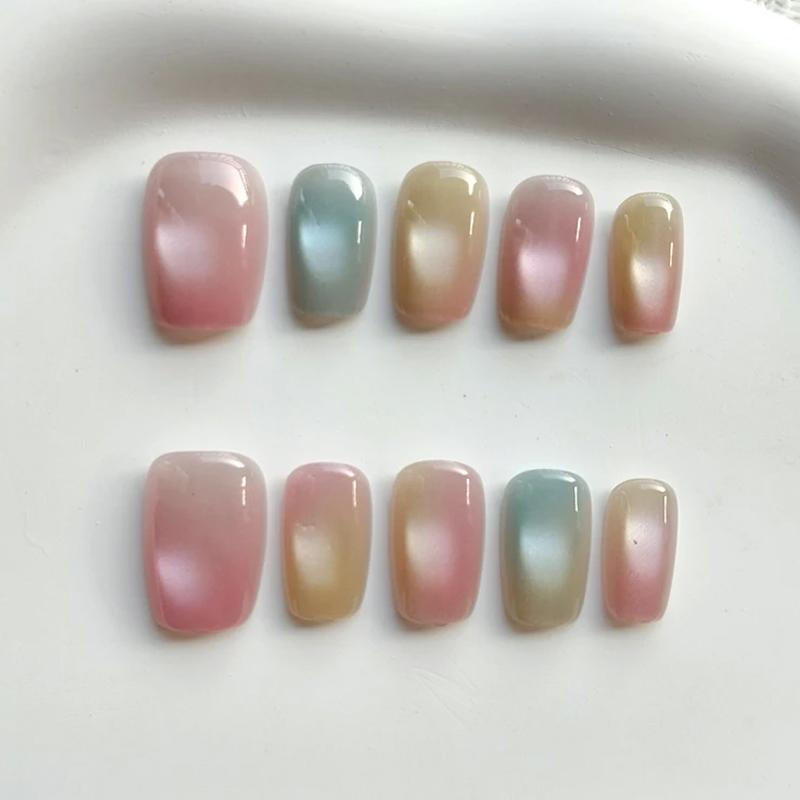10 Pcs Short Rainbow Gradient Cat Eye Square False Nails Detachable Press On Nail Tips For Women