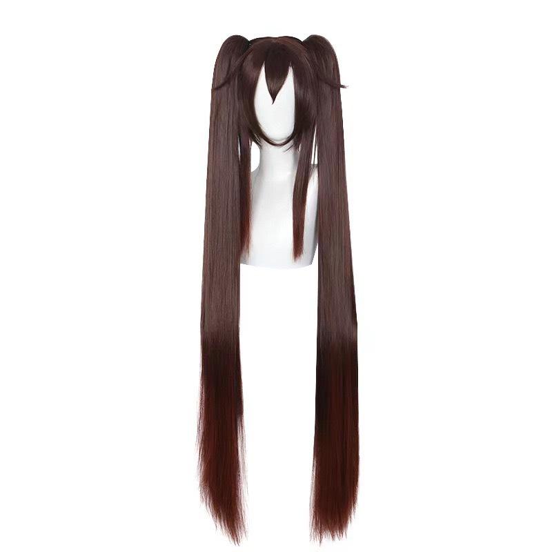 

Genshin Impact Game Walnut Cos парик с двойным хвостом, длинные прямые волосы, темно-коричневый градиент, красно-коричневый, полный головной убор, парик 110cm темно-коричневого