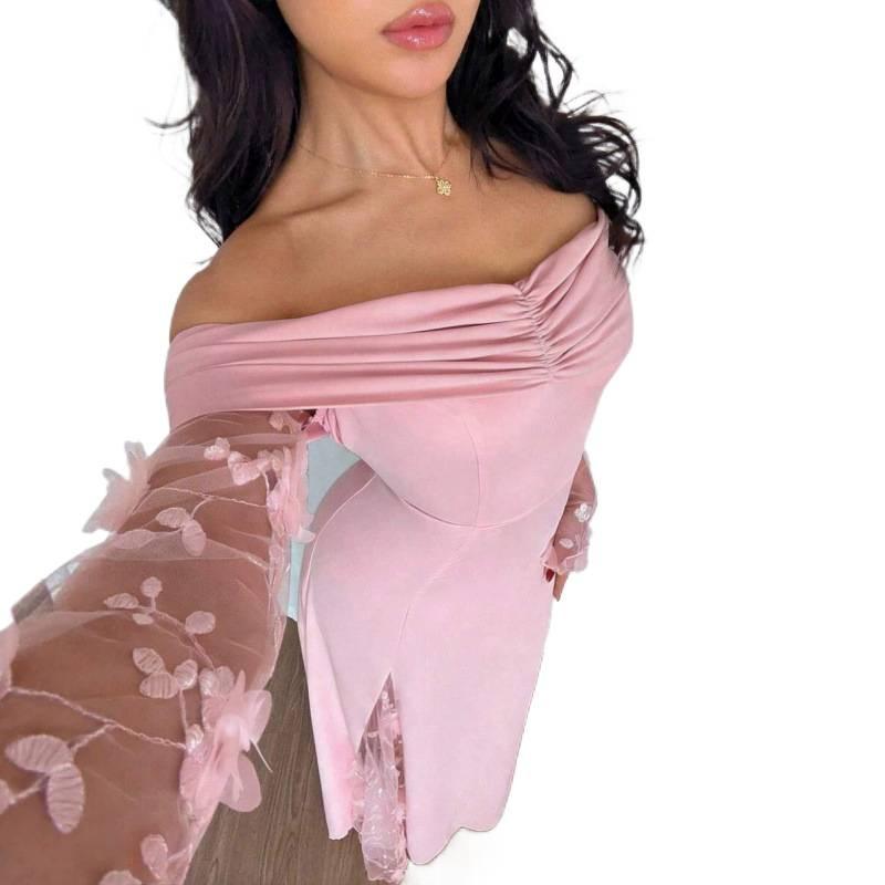 European and American one-word shoulder spell long-sleeved dress women's 2026 summer new fashion temperament skirt