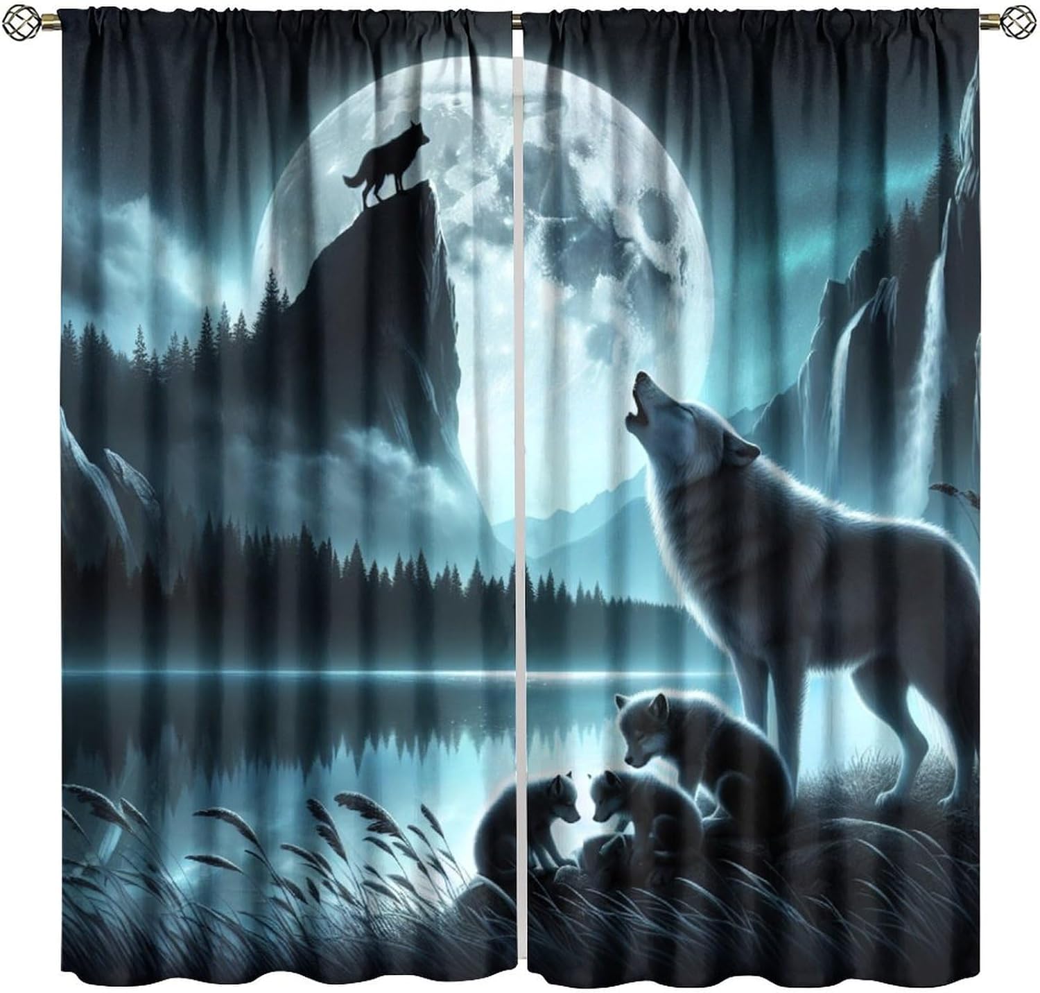 Fantasy Wildlife Wolf Curta Cool Galaxy Misty Forest Wolf Dreamcatcher Window Treatment For Kids Boys Bedroom Game Room 53x116CM-2PC