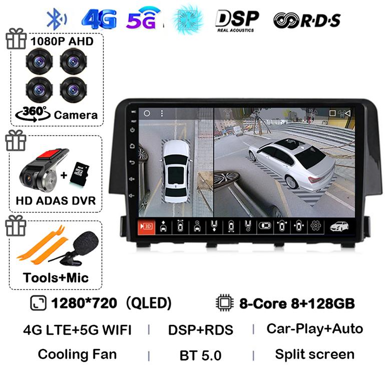 Android 14 Wireless Carplay Auto For Honda Civic 2016 2017 2018 2019 2020 Car Radio Stereo Multimedia Player GPS 4G+WIFI DSP