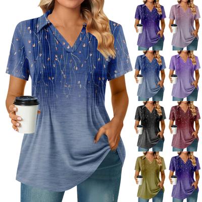 Camisetas femininas de manga curta, plissadas, decote em V, estampa, gola alta, verão, moda, negócios, casual, trabalho