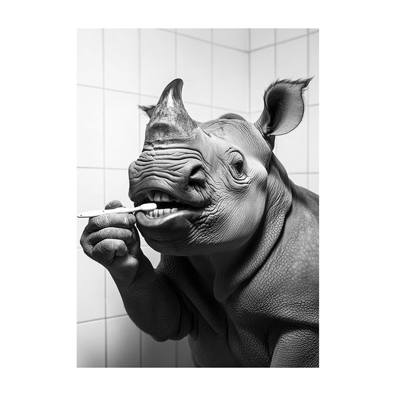 Black White Funny Bathroom Brushing Teeth Poster Vintage Style Animal Canvas Painting Print Wall Art Picture for Home Decoration
