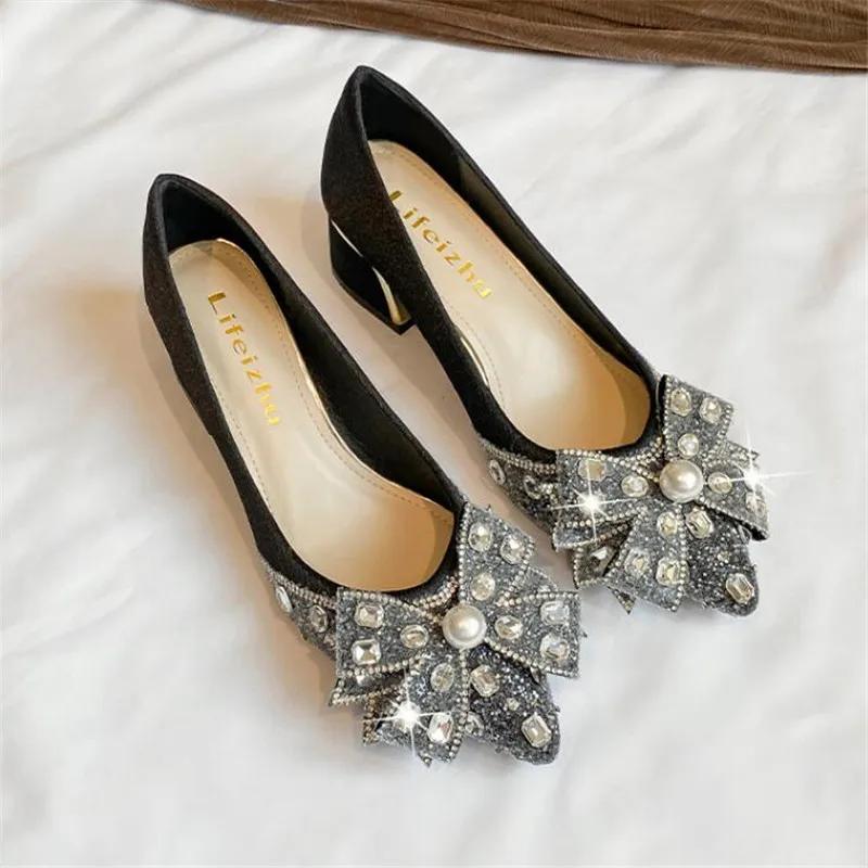 Designer Woman Shoes Crystal Pumps Low Heeled Party Bride Wedding Shoes Female Sequin Loafers Ladies Dress High Heels