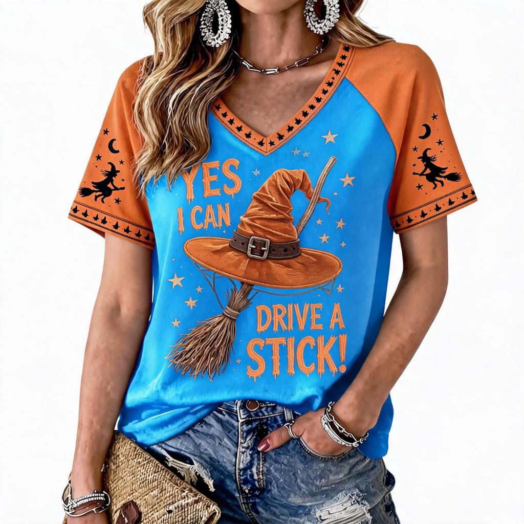 Women's Halloween Printed Raglan Sleeve Tee for Casual Festive Wear