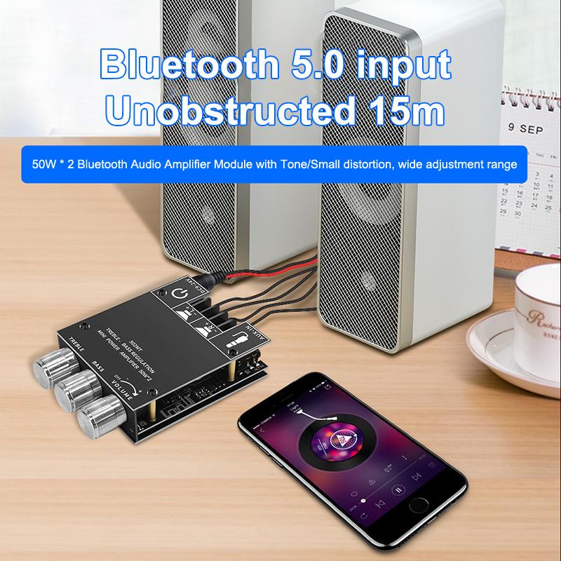 

Zk-502Mt Bluetooth 5.0 Плата підсилювача сабвуфера 2.0 каналу Високопотужна аудіо стерео підсилювальна плата 2x50 Вт Підсилювач басів чорний