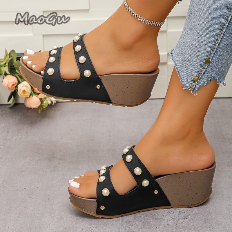 

Fashion Women s Platform Open Toe Wedge Sandals Thick Sole Peep-Toe Summer Shoes Large Size43 Beaded Slip on Sandals Zapatos De Mujer 43 чёрный