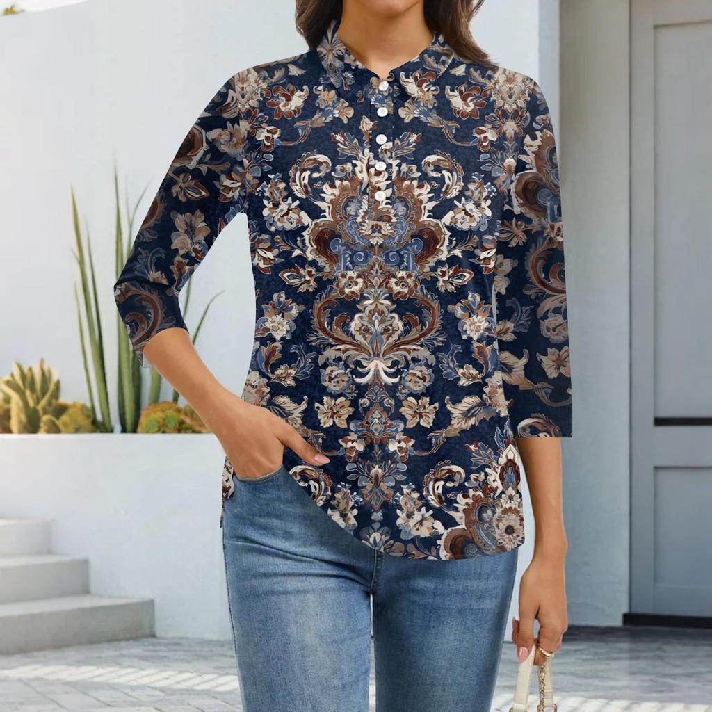 Women's Fashion Casual Lapel Short 3/4 Sleeve Print Shirt Women's Button Up Tops