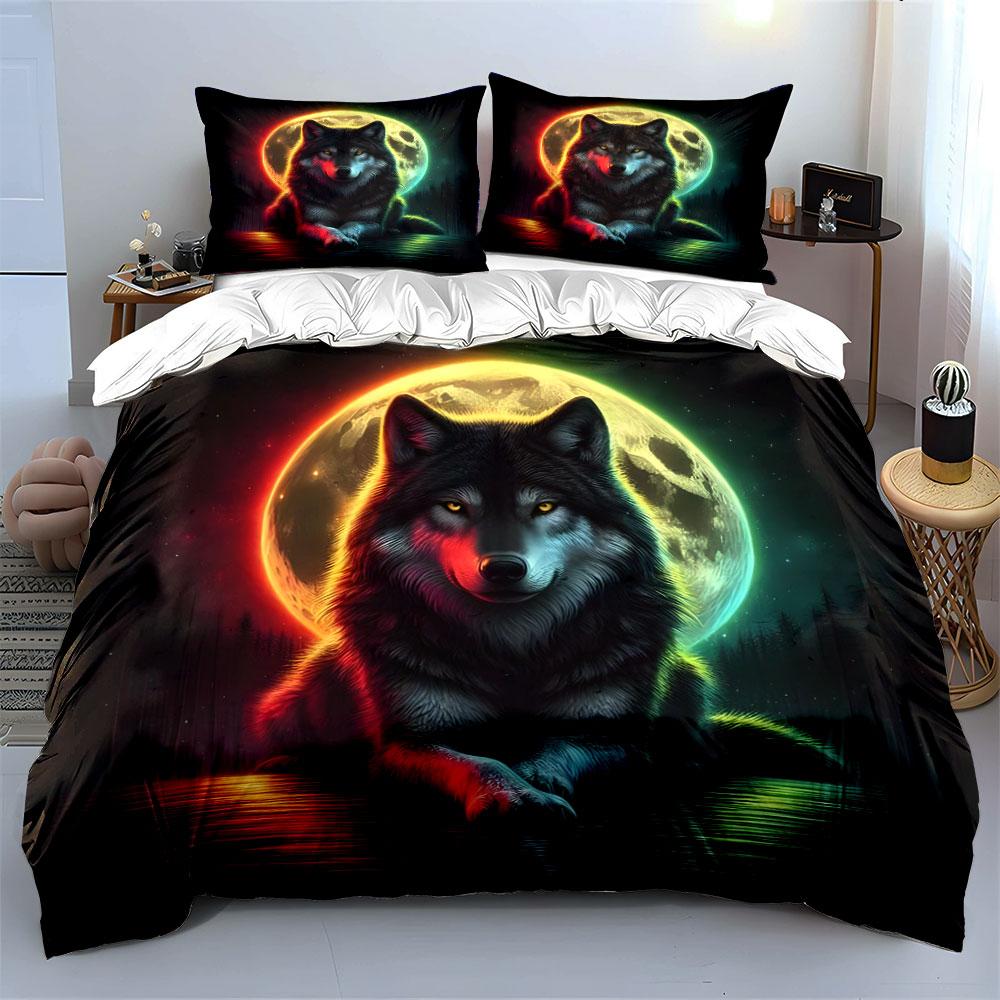 Wolf with Colorful Moonlit Night Print Bedding Set 1 Duvet Cover 2 Pillowcases for Adult and Children Luxury Gift Full Size