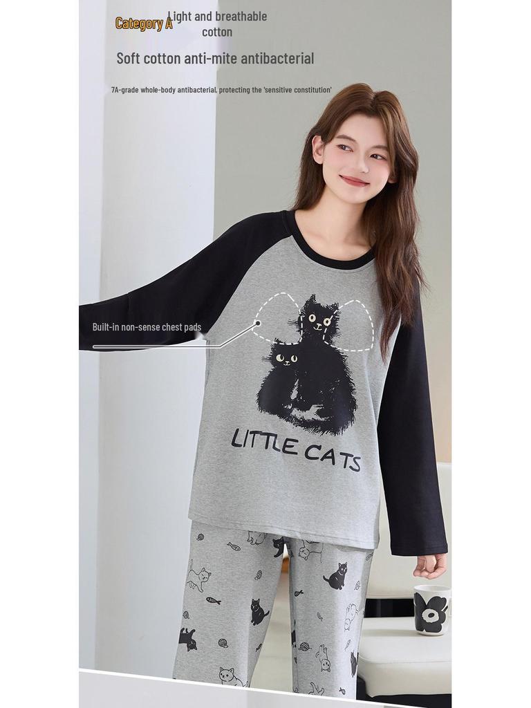 Women's Long Sleeve Cotton Pajama Set with Bra Pads - Sweet Cartoon, Plus Size, Antibacterial, Loose Fit