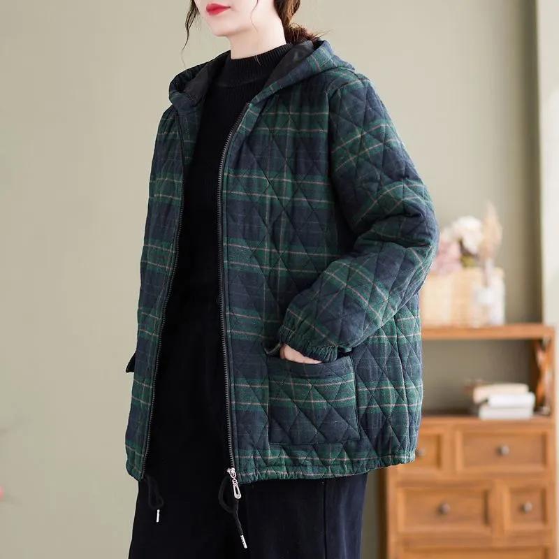 Women Autumn Winter Plaid Retro Hooded Parkas Design Casual Padded Jackets