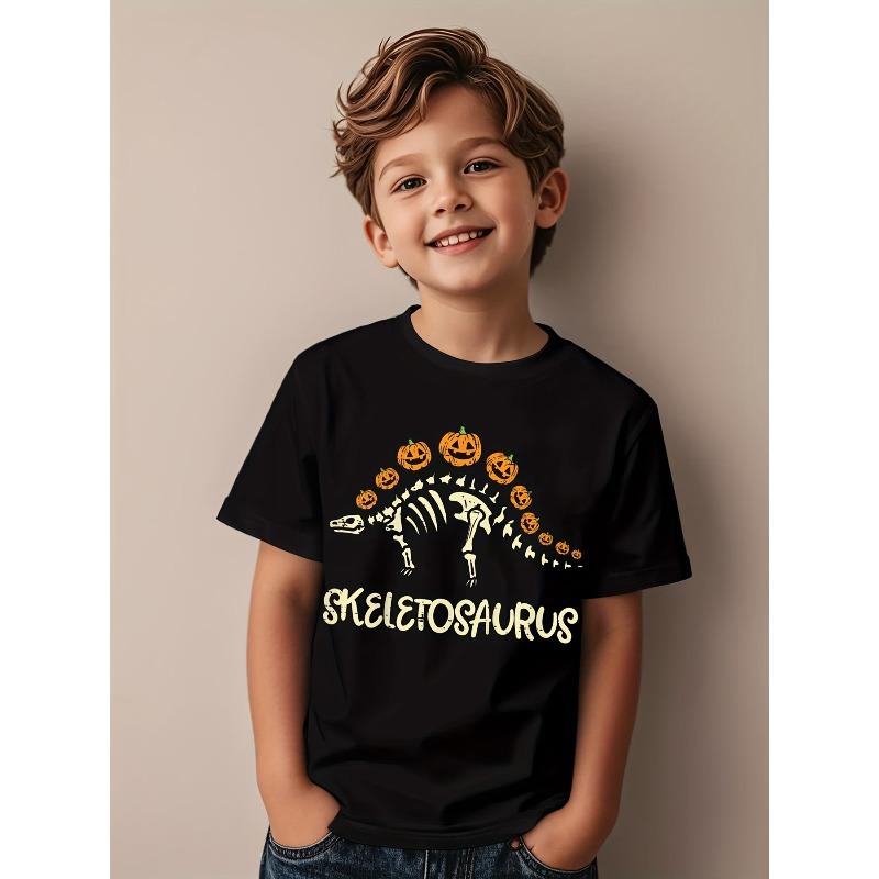 European sizes Stegosaurus Skeleton Dinosaur T-Shirt, Short Sleeve Dino Party Outfit, Casual Playwear, Top for Halloween 98cm