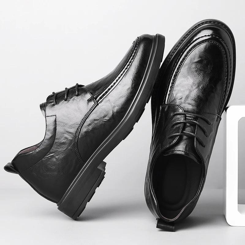 New Men Lace Up Dress Shoes Increase 8cm Cow Leather Breathable Invisible Heightening Shoes Business Casual Soft Men Derby Shoes