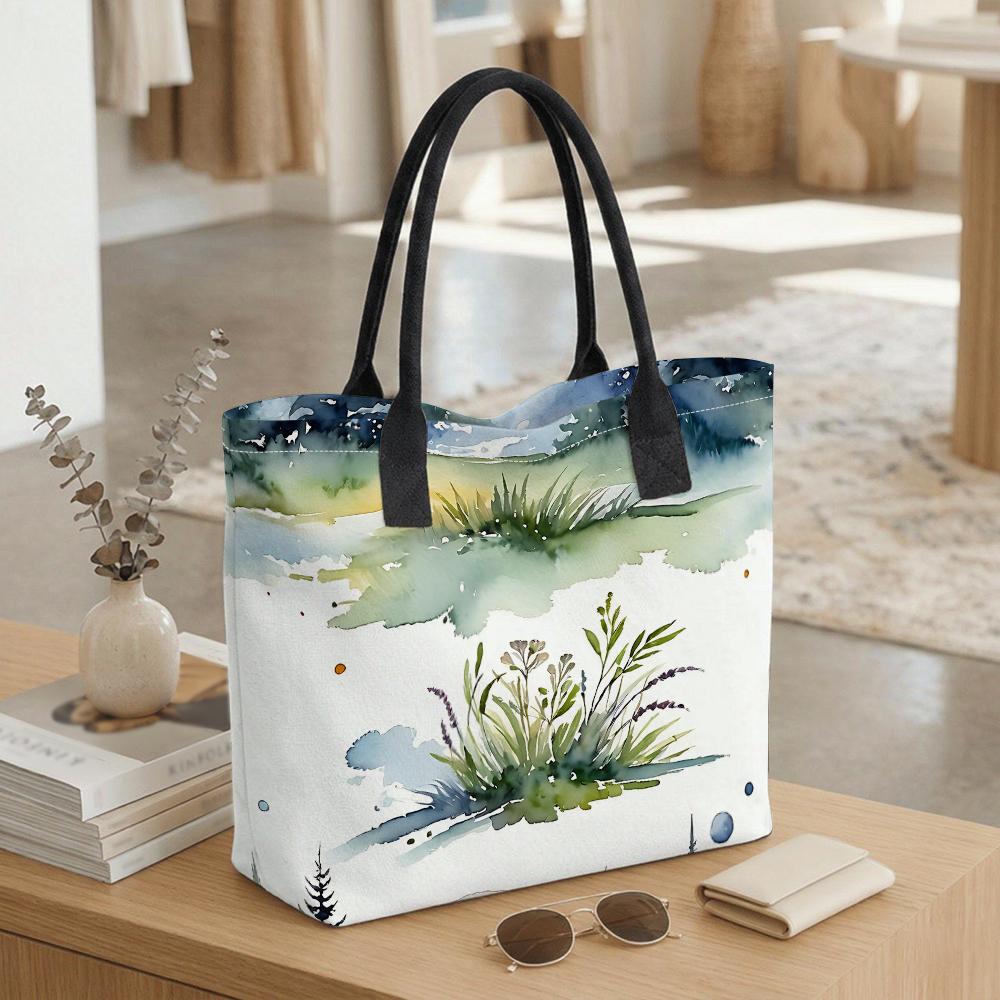 Watercolor Grass Landscape Tote Bag Casual Large Capacity Shoulder Handbag For Daily Use