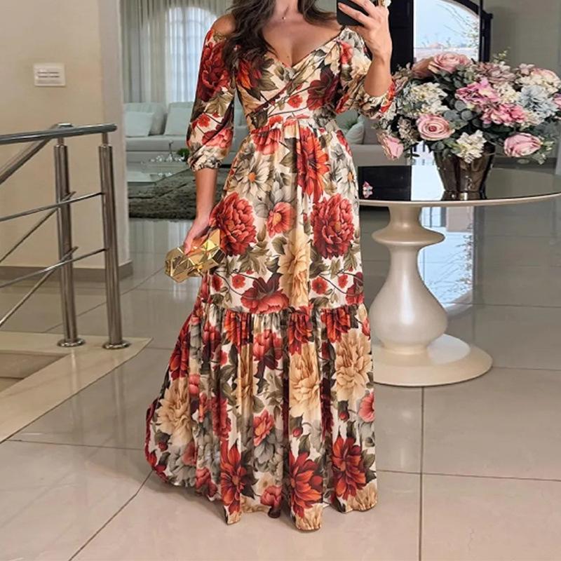 

2026 Spring V-neck Elegant Women s Long Dress, European & American Style, with Print and 5-Sleeve Detail. XL