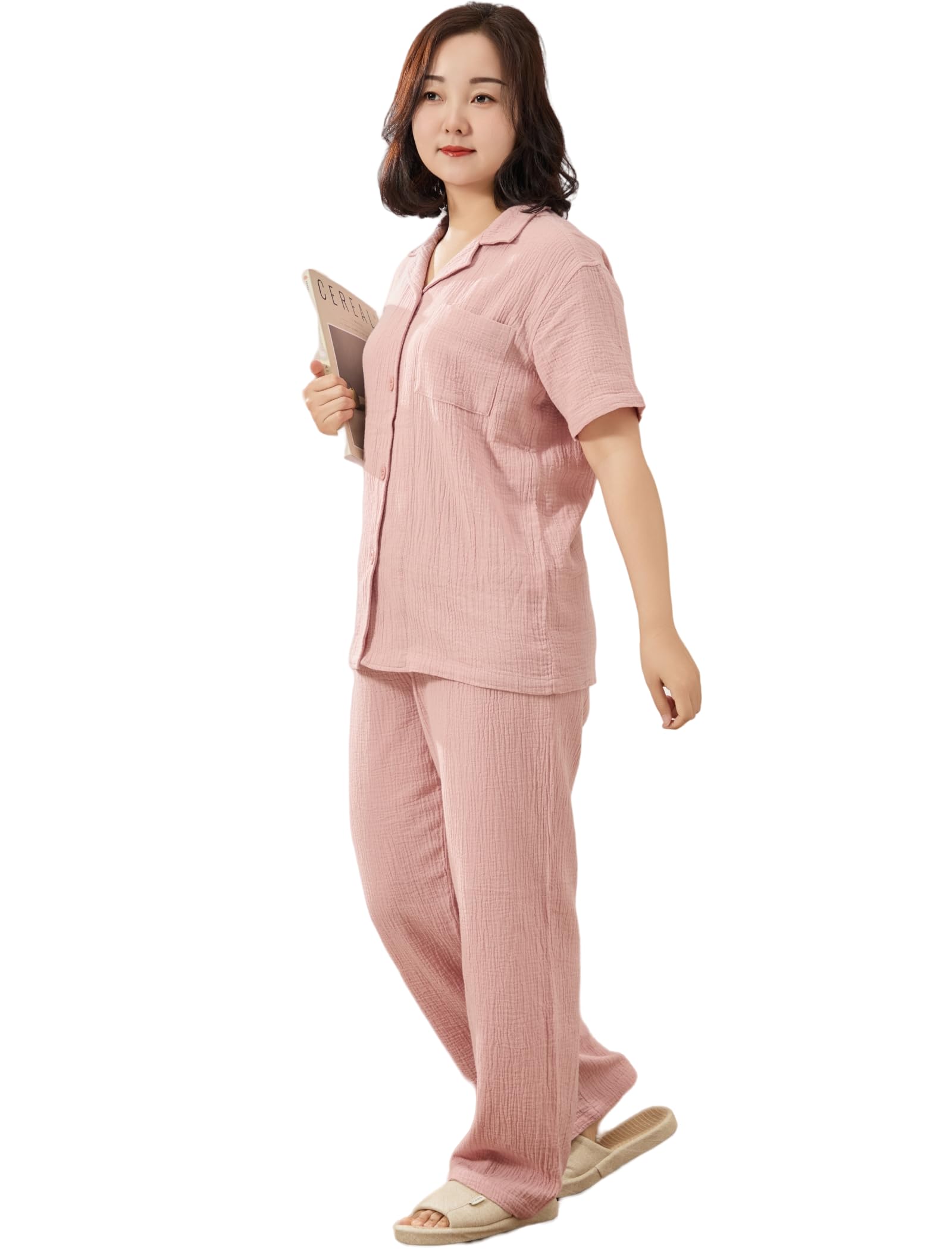 

double layer short top and bottom front sweat gentle on the winter [HOME&FAMILY] Pajamas, 100% cotton, gauze, women s loungewear, sleeves, set,