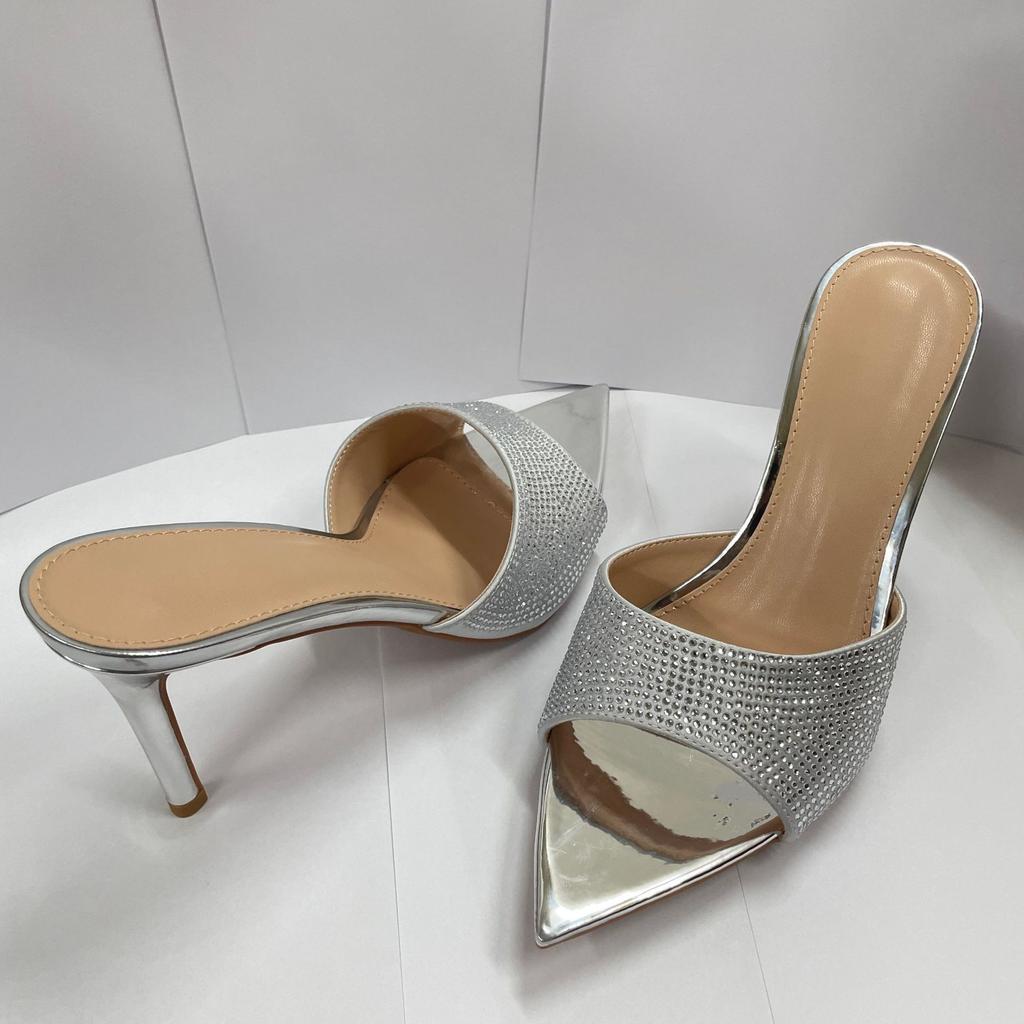 Summer women's stunning fine-heeled rhinestone high-heeled slippers with skirt pointed one-word high heels, sexy and not tired