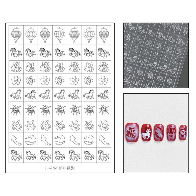 Fully Transparent Hollow New Year Of The Horse Nail Stickers Spray Painting Stencil Templates Patting Adhesive Auxiliary Tool