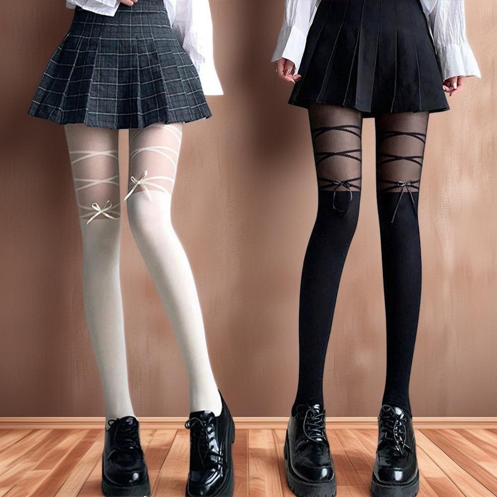 Bowknot Splicing Lower Limb Wear For Ladies Onyx Authentic White Lovely Bow Pantyhose Japanese Spicy Lass Hosiery For Gathering Jk Kawaii Stockings