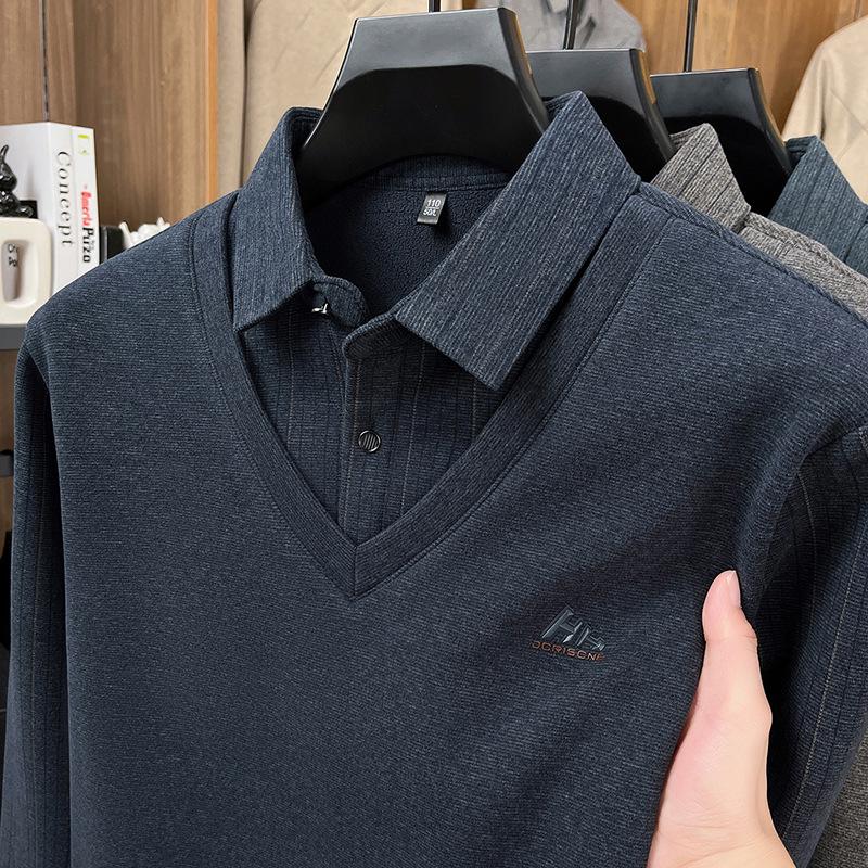 Men s Plus Velvet Thickened Striped Warm Turn-Down Collar Business Casual Base Layer 2XL