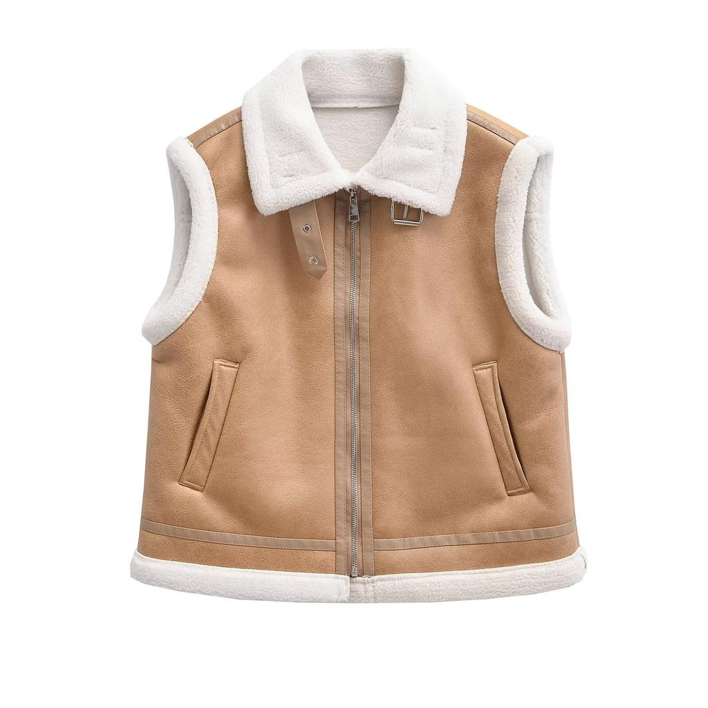 Autumn Winter Ladies Warm Fur Integrated Sleeveless Fleece Stitching Coat Vest Jacket