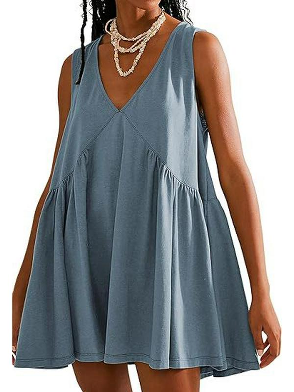 2025 European & American Women's V-Neck Sleeveless Pleated Pocket Dress - Spring/Summer Trend